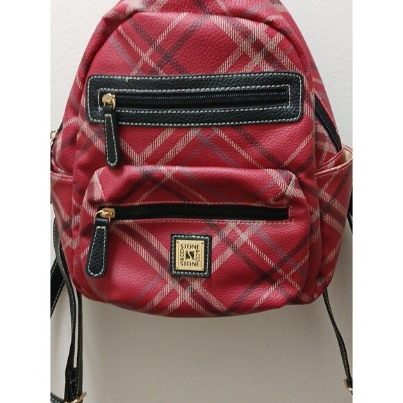 Stone & Co. Mini Plaid Backpack Red Plaid Black Straps Gold Inside main image 15